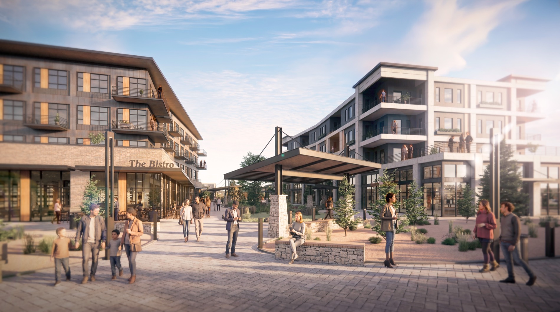 Faraday pedestrian plaza with shops, cafe, and gathering space