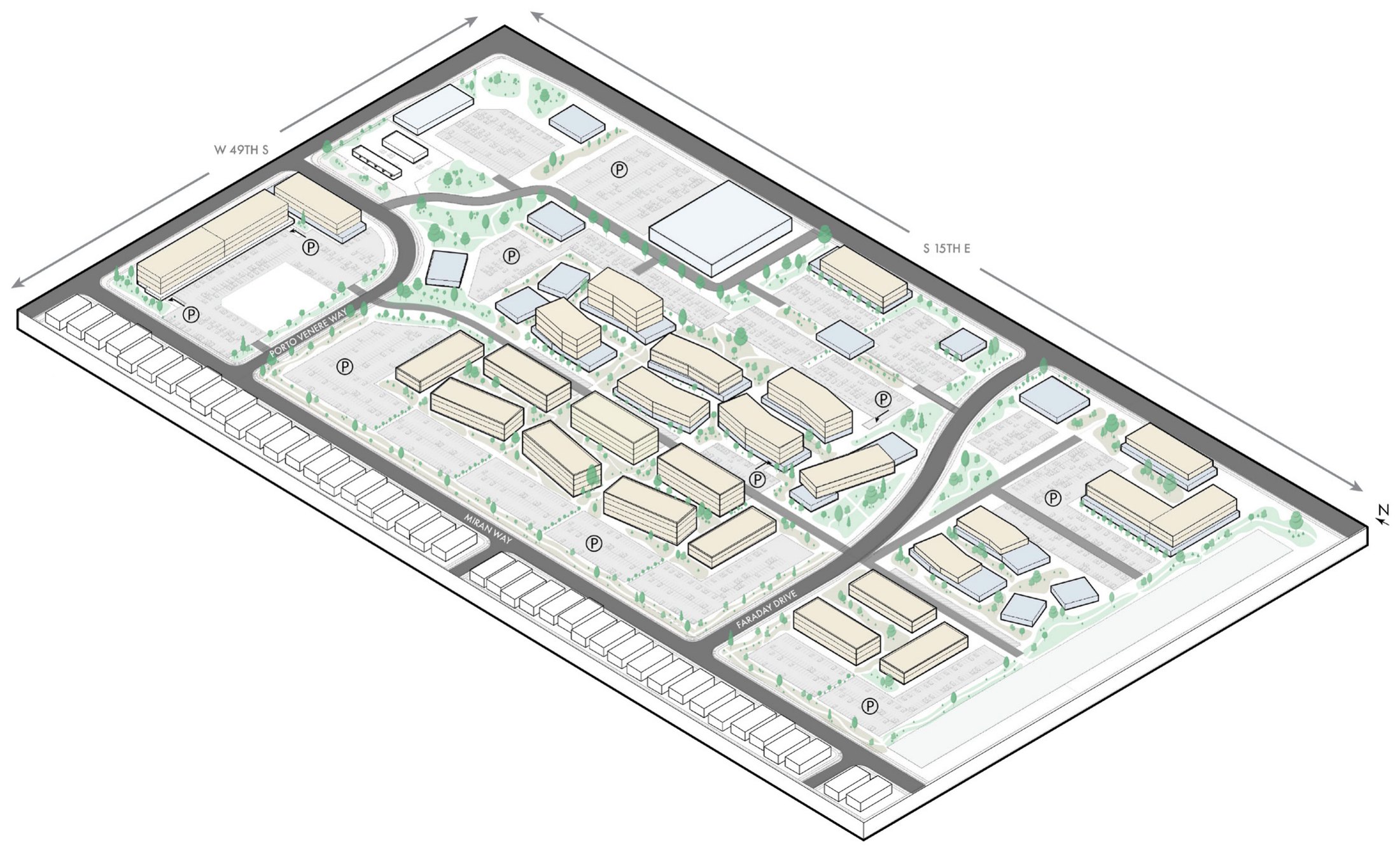 Faraday District overall site plan, axonometric diagram by Hummel Architects, showing the commercial core, residential core, townhomes, trail system, and the W 49th S and S 15th E frontages